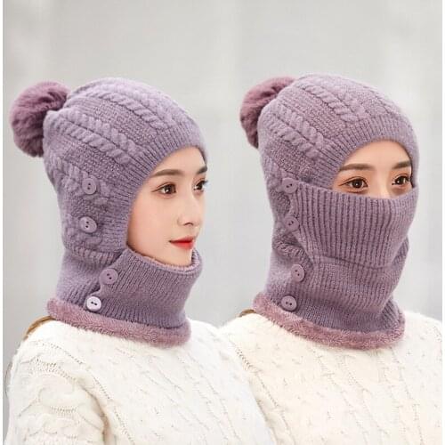 K251 Winter Hat Womens hat One-Piece Warm Hat Knitted Bib Bubble Hat Thick Wool Hat Cold Hat Hat With Earmuffs Baotou Cap