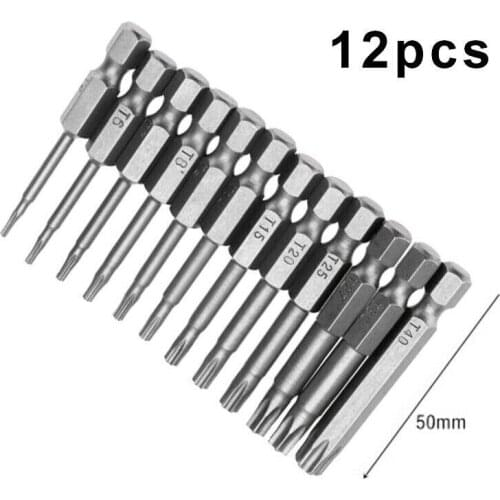 12pcs 50mm T5-t40 Magnetic Torx Screwdriver Bits Set 1/4" Electric Screwdriver Head T5/T6/T7/T8/T9/T10/T15/T20/T25/T27/T30/T40