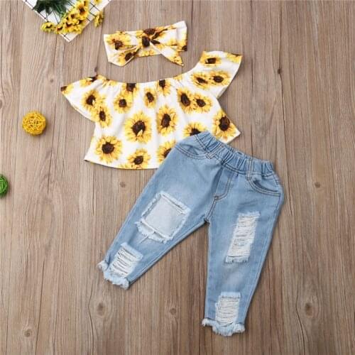Toddler Kids Baby Girls clothes Off Shoulder Flower print pullover short sleeve Tops pocket Hole Pants bow Headband 3PCS Outfits