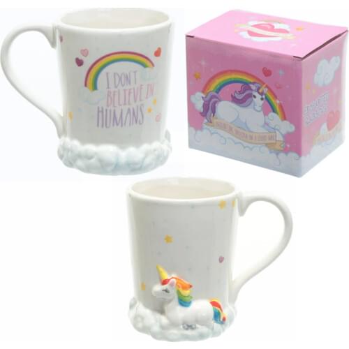 3D Ceramic Coffee Ceramic Cup with Rainbow and White clouds "I Don't Believe Humans"