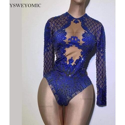 Royal Blue Rhinestone Bodysuit Women Long Sleeve Sexy Nightclub Dance Costume Female Showgirl Stage Leotard Performance Costume