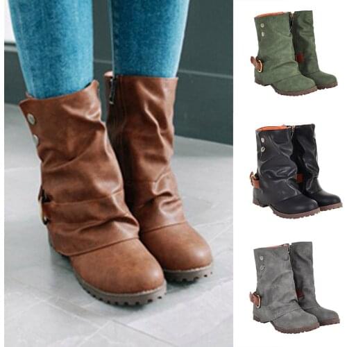 Retro Women Autumn Winter Zipper Square Heels Short Booties Round Toe Shoes Vintage Solid Color Leather Boots sapatos femininos