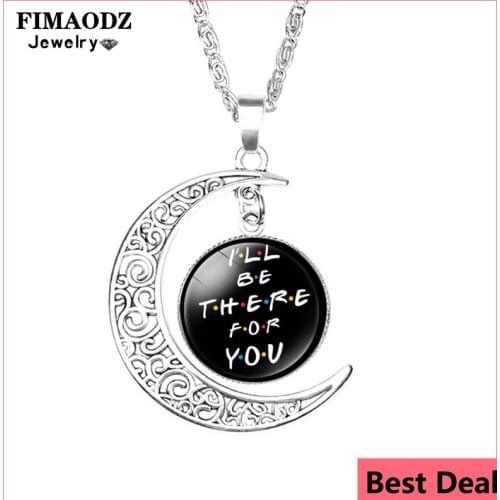 FIMAODZ New Friends TV Show Necklace I’ll Be There for You Yellow Door Frame Cartoon Print Glass Crescent Moon Pendant Gift