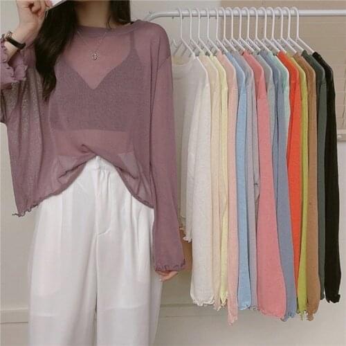 Candy Color Long-sleeved Mesh T-shirt Women Summer Thin Top Loose Wild Round Neck Sunscreen Shirt Top