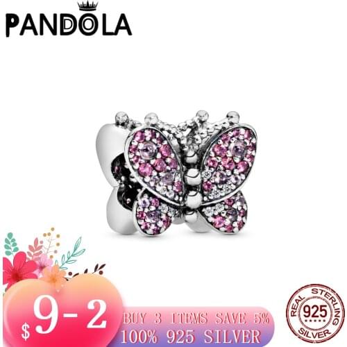 Hot Hot Sale 925 Sterling Silver Beads Pink Pavé Butterfly Charm Fit Original Pandora Bracelet Silver 925 Jewelry