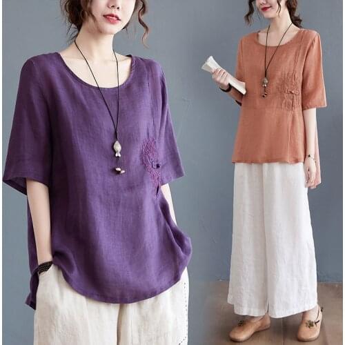 Chinese Traditional Clothing Women Summer New Vintage Floral Embroidery Tops Casual Loose Breathable Blouse Ladies Elegant Hanfu