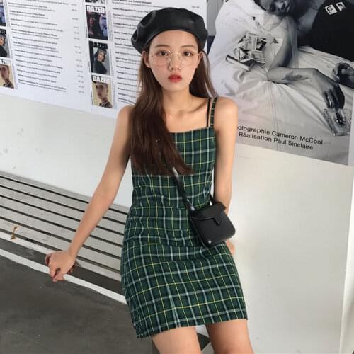 Plaid Spaghetti Strap Mini Dress Women Sleeveless Sundress Sweet Korean Style Short Dress 2021 Summer New Fashion