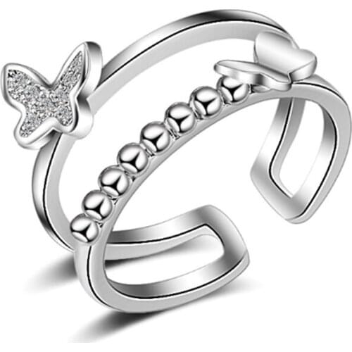 Korean fashion personality trend two-color double-layer butterfly opening adjustable silver plated rings SA075