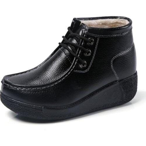 Leather Autumn and Winter New High-top Womens Shoes with Wedges, Cowhide Platform Rocking High-quality Boots and Snow Boots