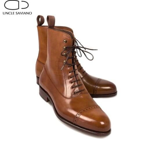 Uncle Saviano Cowboy Winter Lace Up Mens Boots Shoes Non-Slip Add Velvet Genuine Leather Work Boots Fashion Designer Shoes Men