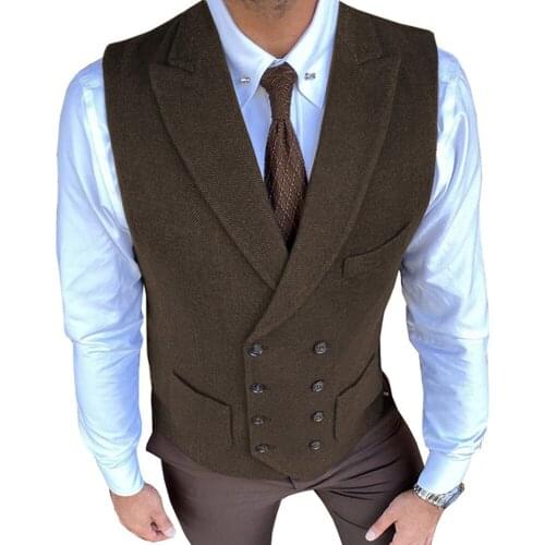 Mens double-breasted herringbone pattern notched lapel suit vest V-neck slim-fit vest mens wedding clothing