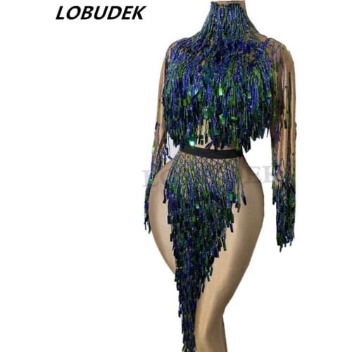 New Arrival Sexy Tassel Sequin Slit Dance Dress Women Stretch Spandex Fringe Latin Dress Nightclub DJ Dancer Performance Costume