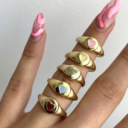New INS Candy Color Heart Rings for Women Metal 8090s Aesthetic Harajuku Fashion Vintage Charm Ring Y2K Jewelry Friends Gifts