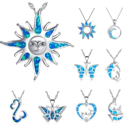 Boho Womens Sun Flower Whale Butterfly Pendants Necklaces Blue Fire Opal Stone Necklace Fashion Silver Color Wedding Jewelry
