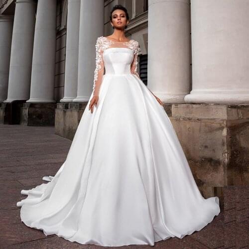 Jiayigong Gorgeous Ball Gown Wedding Dress White/ Ivory Scoop Neck Long Sleeves Pleats Muslim Bridal Vestido De Noiva