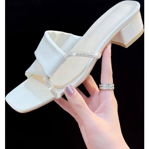 Women Sandals Sexy Crystal High Heels Outdoor Slides Summer Square Toe Zapatillas De Casa 2021 Sapato Gladiator Sandals Women