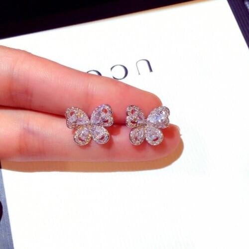 Cute Korean Female Ladies Small Stud Earrings silver color Butterfly Earrings For Women Vintage Zircon Stone Earrings