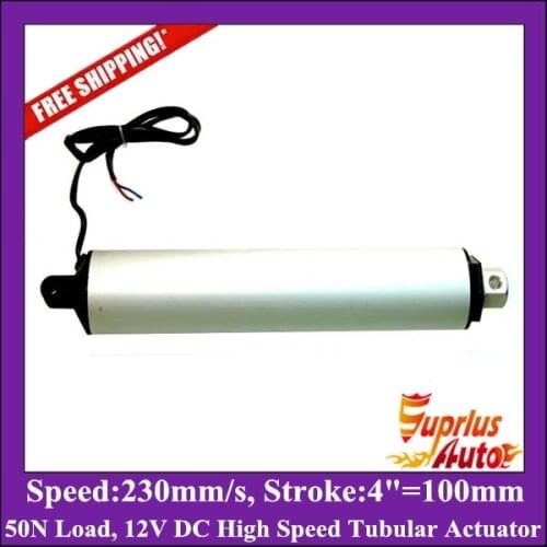 Free Shipping 230mm/s=9.2inch/sec high speed tubular actuator, 12V DC 4inch/ 100mm with 50N force linear actuator