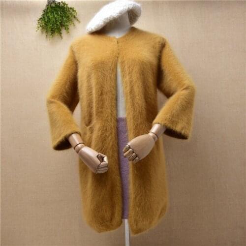 Ladies women fashion Fall Winter mink cashmere knitted three quarter sleeves loose long sweater cardigans angora fur jacket coat