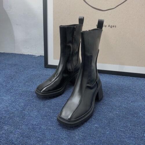 Spring New Woman Military Boots Girls Mid Calf Shoes Women Square Thick Heels Ladies Chelsea Boots Female Brand Motorcycle Boots