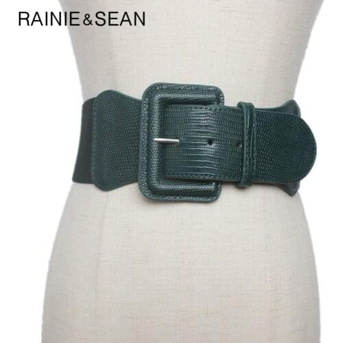 RAINIE SEAN Elastic Belts for Women PU Leather Wide Cummerbunds Designer Belt Corset Solid Army Green Female Wide Waistbands