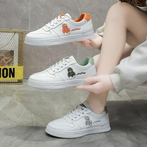 2021 New Cute Women Casual Shoes Lace Up White Vulcanized Shoes Women 3 Colors Cartoon Travel Walking Flat Shoes NVX364