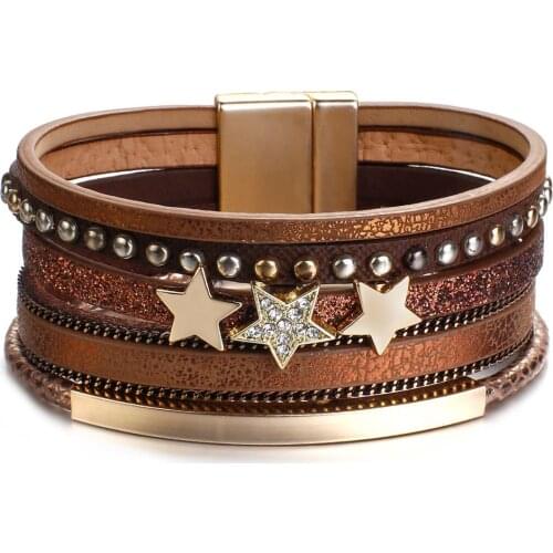 Amorcome Metal Bar Leather Wrap Bracelets for Women Fashion Multilayer Punk Rivet Rhinestone Star Charm Bracelet Female Jewelry