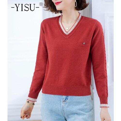 YISU 2021 Spring Autumn Solid color Sweater Women Knitted Basic Pullovers O Neck Loose Soft Female Jumper Lace panel sweater