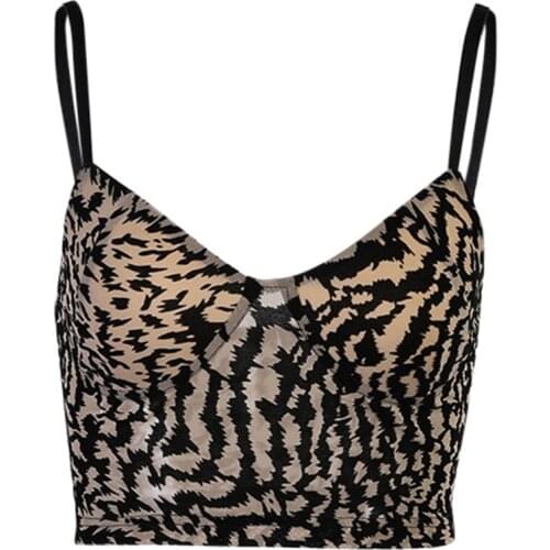 Women Spaghetti Strap Crop Top Boho Leopard Print Sexy V-Neck Mesh Camisole Harajuku Casual Slim Backless Sling Vest