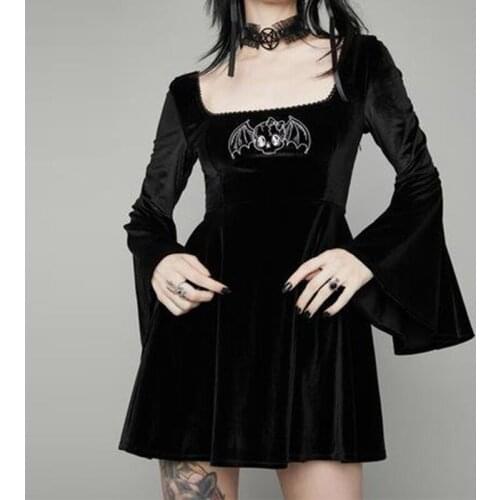 Gothic Embroidery Print Mini Dress Punk Grunge Flare Long Sleeve Square Neck Party Dress A Line Velvet Balck Dresses