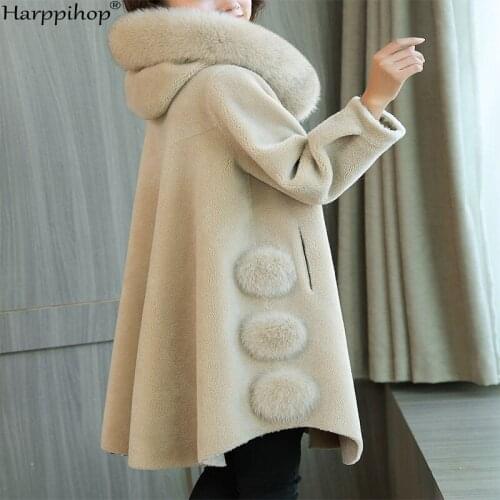 Bronzing granule sheep shearing fur wool coat female long section Tide new winter fox fur hooded jacket