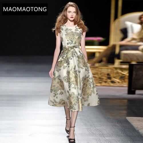 Fashion Runway Summer Midi Dress Womens Sleeveless Belted High Waist Golden Flower Print Vintage Party Dress