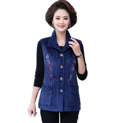 Middle-Aged Elderly Women Vest Spring Autumn Corduroy Coat Wear 2021New Jacket Embroidery Single-Breasted Ladies Waistcoat A86