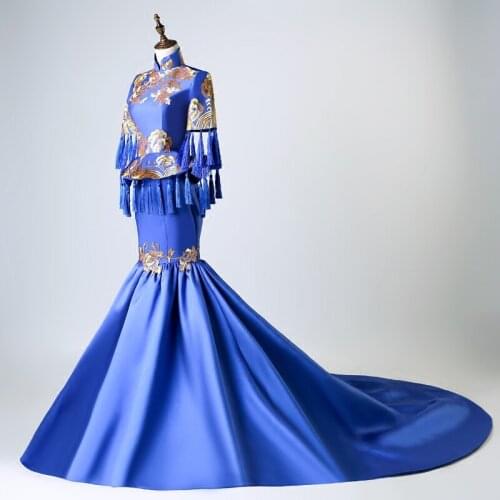 100%real masquerade royal blue golden embroidery pattern traditional cosplay court drama long dress stage/stuido Gown queen