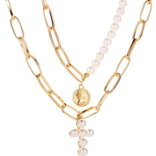 2 Pcs / Set Golden White Cross Simulated Pearl Thick Long Beads Chain Alloy Pendants Fashion Necklace For Women