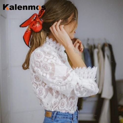 Blouses Women KALENMOS Lace Blouse Hollow Out Tops Sexy Embroidery Lantern Sleeve Vintage Elegant White Summer Retro Shirts