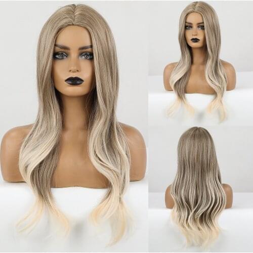 Long Body Wave Ombre Brown Highlight Blonde Synthetic Wigs for Women African American Wavy Cosplay Wig Heat Resistant Fake Hair