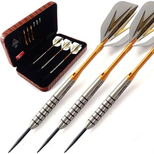 CUESOUL 19 Grams Tungsten Steel Tip Darts Set With Golden Shaft & Luxuy Brown Case