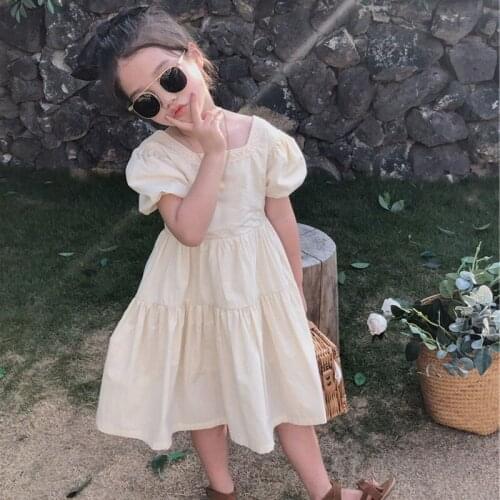 Summer Girls Butterfly-knot Backless Dress Cotton Solid Color Puff Sleeves Dress Korean Style Sundress