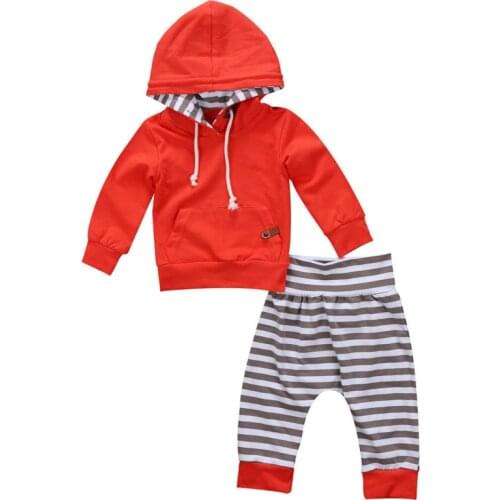 Hot Sale New Tracksuit 2PCS Newborn Baby Kids Boy Girl Solid Full Sleeve Hooded Tops Striped Pants Leggings Outfit Unisex Set