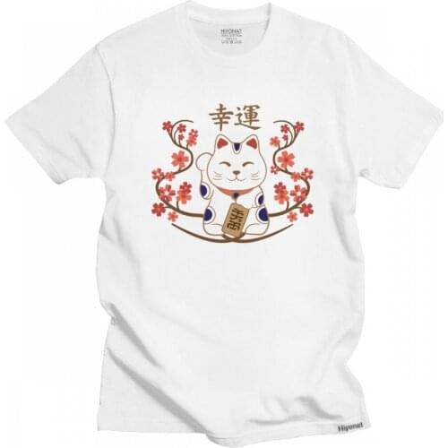 Maneki Neko Cat With Good Luck Kanji T Shirt Homme Cotton Tee Tops O-neck Short Sleeved Fashion Tshirt Casual T-shirt Gift