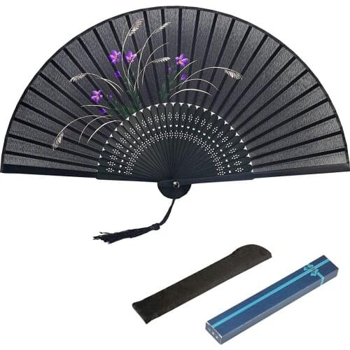 METABLE 1PCS Silk Folding Fan Chinese Vintage Style Grass Flower Pattern Design Hand Held Fans for Dancing Wedding Party Props