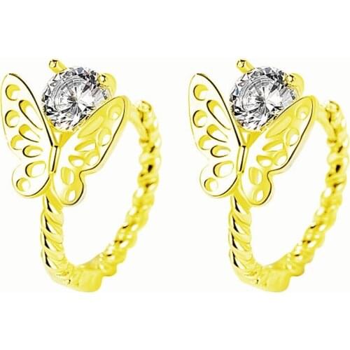 Cute Female Crystal Butterfly Earrings Rose Gold Silver Color Clip Earrings For Women Charm White Round Zircon Wedding Earrings