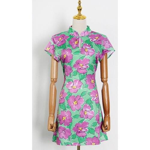 Elegant Stand Collar Short Sleeve Hollow Sexy Printed Cheongsam Slim Mini Dress 2021 Summer Party Light Dresses Women Fashion