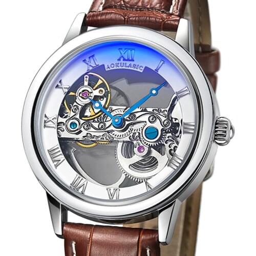 Transparent Skeleton Automatic Mechanical Watch Men Rose Gold Sliver Dial Turbillon Brown Genuine Leather Male Tourbillon Clock