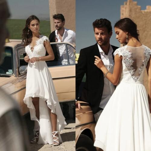 MYYBLE Stunning 2021 Chiffon Hi Lo Wedding Dresses V Neck Cap Short Sleeve Appliques Illusion Back Bridal Gowns Custom Made