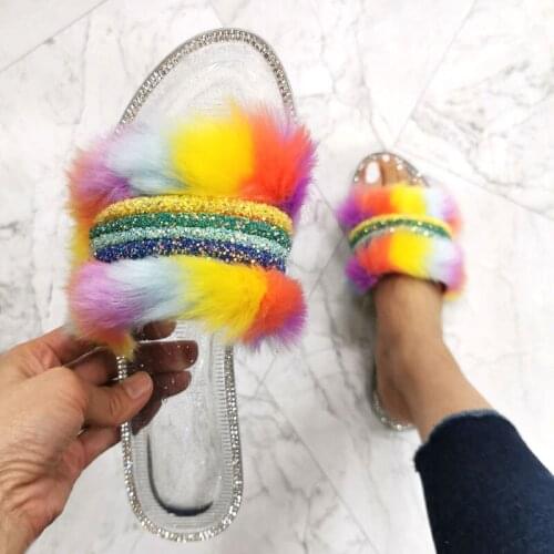 2021 Summer New Women Flat Slippers Open Toe Transparent Rhinestone Plush Outdoor Beach Woman Shoes Lady Slides Plus Size 41 42
