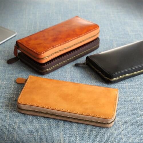 New Business Original Handmade Leather Mens Wallet Vegetable Tanned Leather Retro Long Wallet
