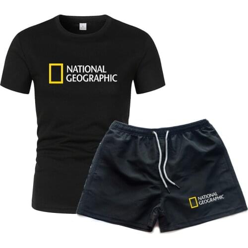 National Geographic Tracksuit Mens Casual Brand Fitness Sweatshirt Two-piece T-shirt Shorts Mens Hip Hop Fashion Clothing