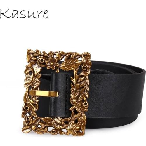 KASURE Stylish Luxury Belts for Female Golden Flower Metal Buckle Woman Belt with Hole Party Dress Strap Gold Waistband PU Sash